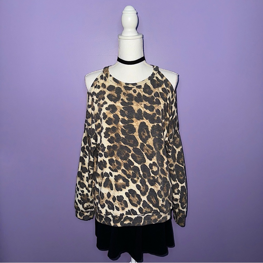 NEW Boutique Leopard Print Cold Shoulder Top